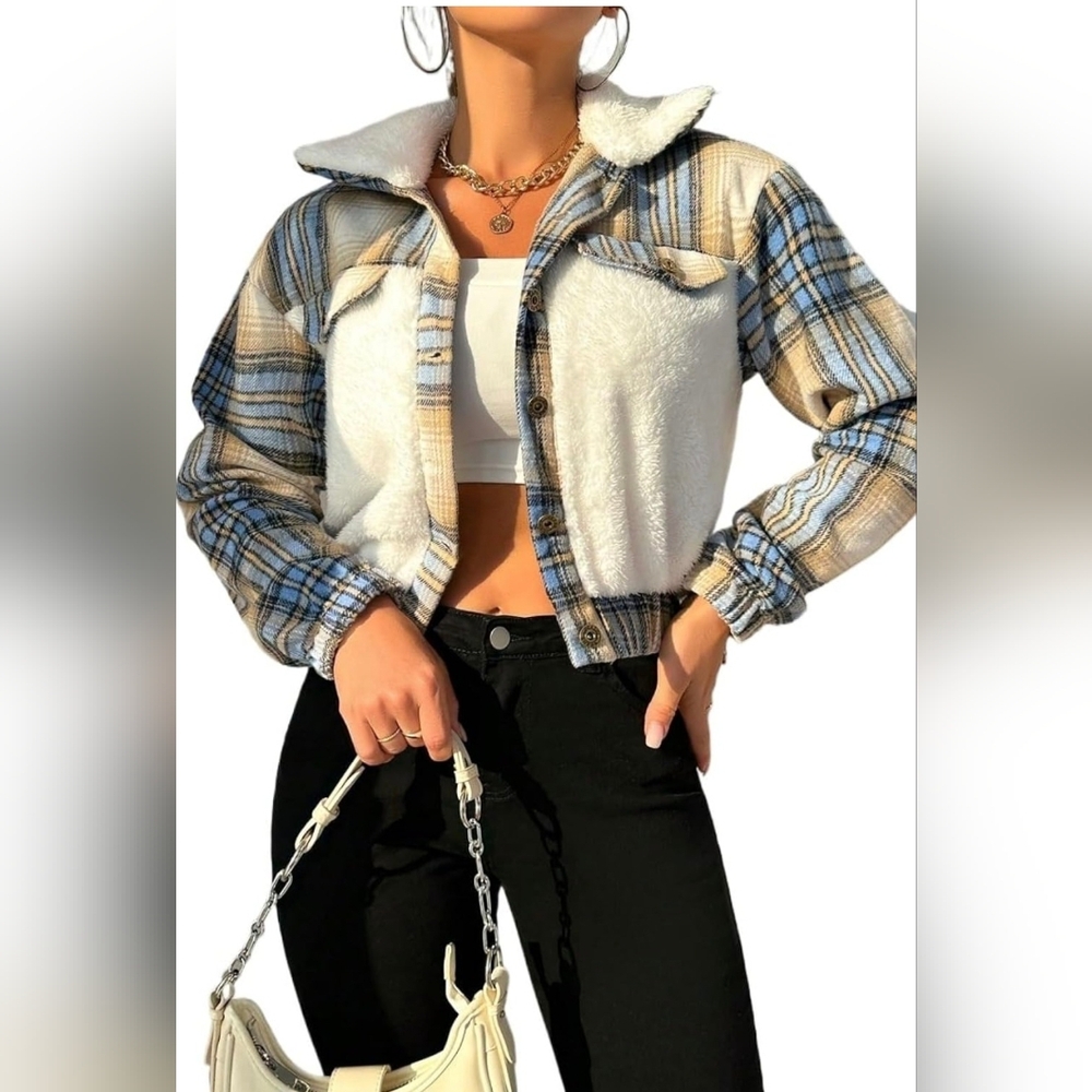 Plaid Print Button Front Crop Jacket - image 1